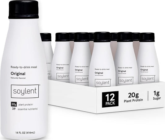 Soylent Original Meal Replacement Shake, Ready-to-Drink Plant Based Protein Drink, Contains 20g Complete Vegan Protein and 1g Sugar, 14oz, 12 Pack
