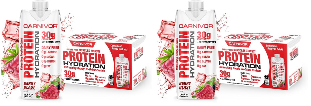 MuscleMeds Carnivor Protein Hydration RTD, Ready to Drink, Lactose Free, Sugar Free, 30g Isolate Protein, Halal Certified, Berry Blast, 16.9 Fl Oz (Pack of 12)