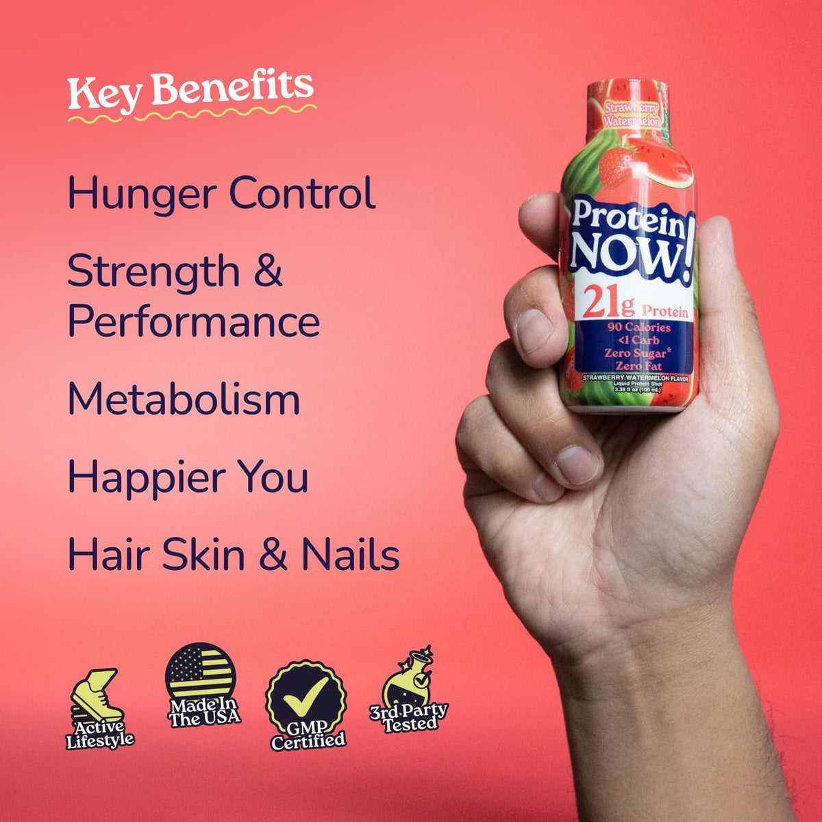 Protein Now Liquid 3 oz. Protein Shot By NutraBio– 21g Protein, 0 Carbs, 0 Fat, GLP-1 Support, Ready-to-Drink, No Refrigeration, Whey & Collagen Protein for Hair, Skin & Nails, Liquid Protein On-the-Go Nutrition- Strawberry Watermelon