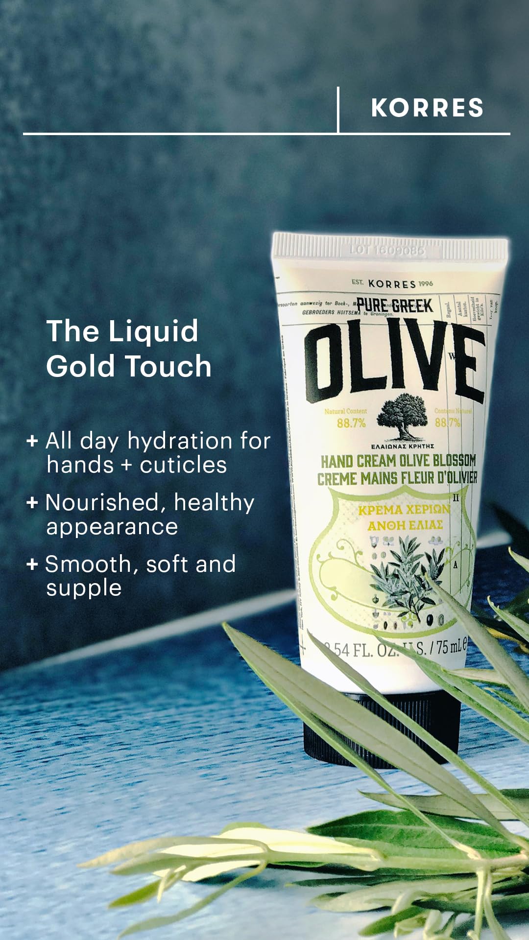 KORRES Olive Hand Cream, Nourishing and Hydrating Moisturizer with Greek Olive Oil and Antioxidants, For Soft Smooth Skin and Dry Hands, Vegan Skin Care for Women & Men, 2.54 Fl Oz