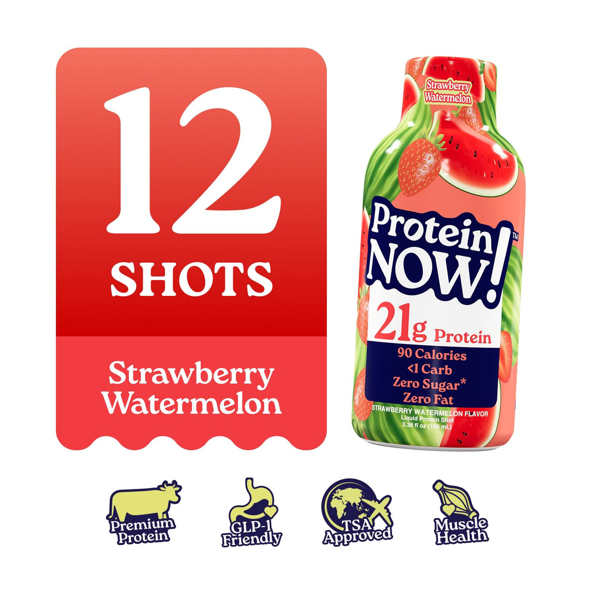 Protein Now Liquid 3 oz. Protein Shot By NutraBio– 21g Protein, 0 Carbs, 0 Fat, GLP-1 Support, Ready-to-Drink, No Refrigeration, Whey & Collagen Protein for Hair, Skin & Nails, Liquid Protein On-the-Go Nutrition- Strawberry Watermelon