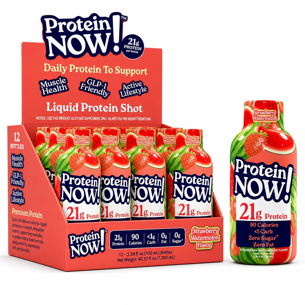 Protein Now Liquid 3 oz. Protein Shot By NutraBio– 21g Protein, 0 Carbs, 0 Fat, GLP-1 Support, Ready-to-Drink, No Refrigeration, Whey & Collagen Protein for Hair, Skin & Nails, Liquid Protein On-the-Go Nutrition- Strawberry Watermelon
