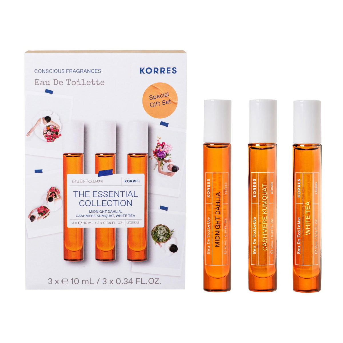 KORRES The Essential Collection Eau de Toilette Travel Set for Her, Roll-On Fragrance Set of Midnight Dahlia, Cashmere Kumquat and White Tea, Travel Sizes, Vegan, 3 x 10 ml