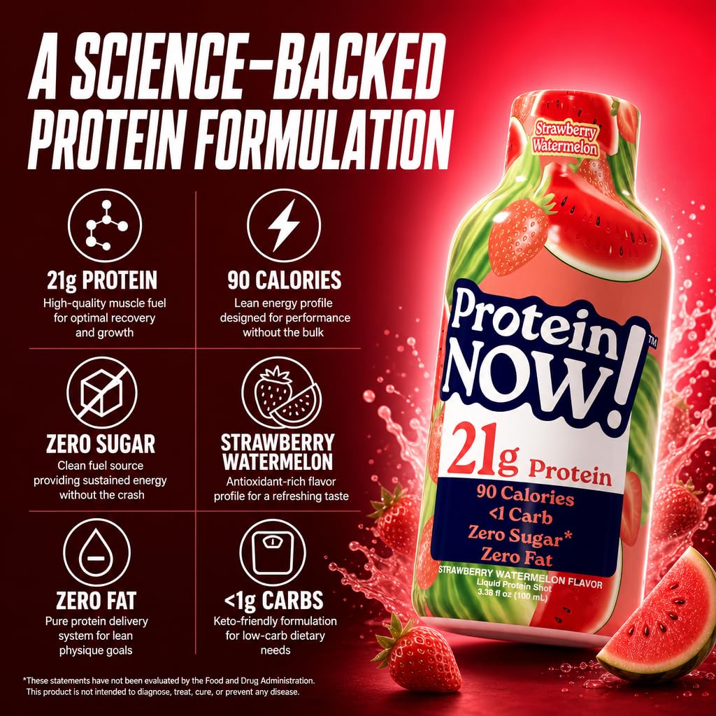 Protein Now Liquid 3 oz. Protein Shot By NutraBio– 21g Protein, 0 Carbs, 0 Fat, GLP-1 Support, Ready-to-Drink, No Refrigeration, Whey & Collagen Protein for Hair, Skin & Nails, Liquid Protein On-the-Go Nutrition- Strawberry Watermelon