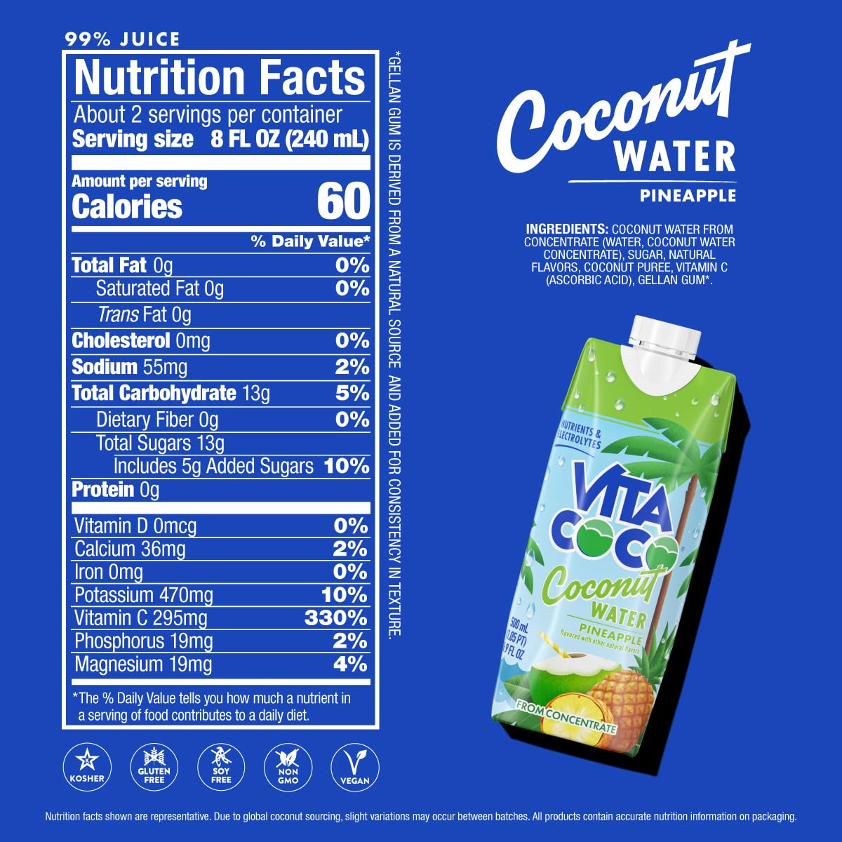 Vita Coco Coconut Water, Pineapple, 16.9 Oz (Pack of 12)