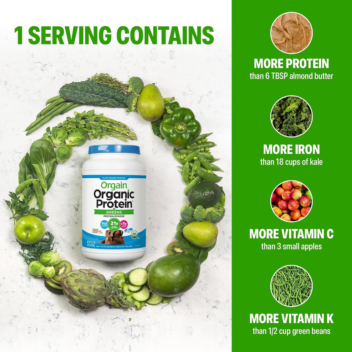 Orgain Organic Vegan Protein Powder + Greens, Creamy Chocolate Fudge - 21g Plant Based Protein, Gluten Free, Dairy & Lactose Free, Soy Free, No Sugar Added, Iron & Prebiotics for Gut Health - 1.94lb