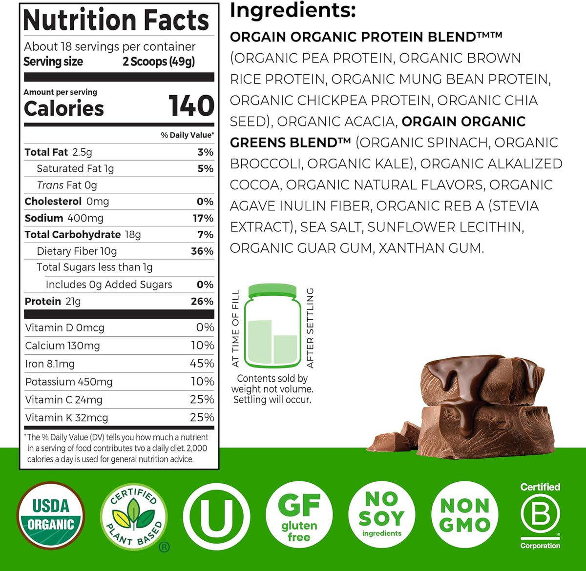 Orgain Organic Vegan Protein Powder + Greens, Creamy Chocolate Fudge - 21g Plant Based Protein, Gluten Free, Dairy & Lactose Free, Soy Free, No Sugar Added, Iron & Prebiotics for Gut Health - 1.94lb