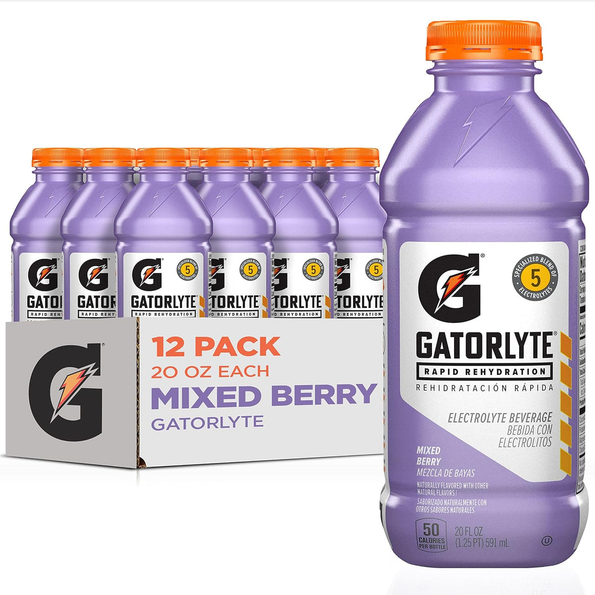 Gatorlyte Rapid Rehydration Electrolyte Drink, Mixed Berry, 20 fl oz Bottles (12 Pack), Specialized Blend of 5 Electrolytes, Lower Sugar, No Artificial Sweeteners, No Artificial Flavors, Gatorade, Hydration