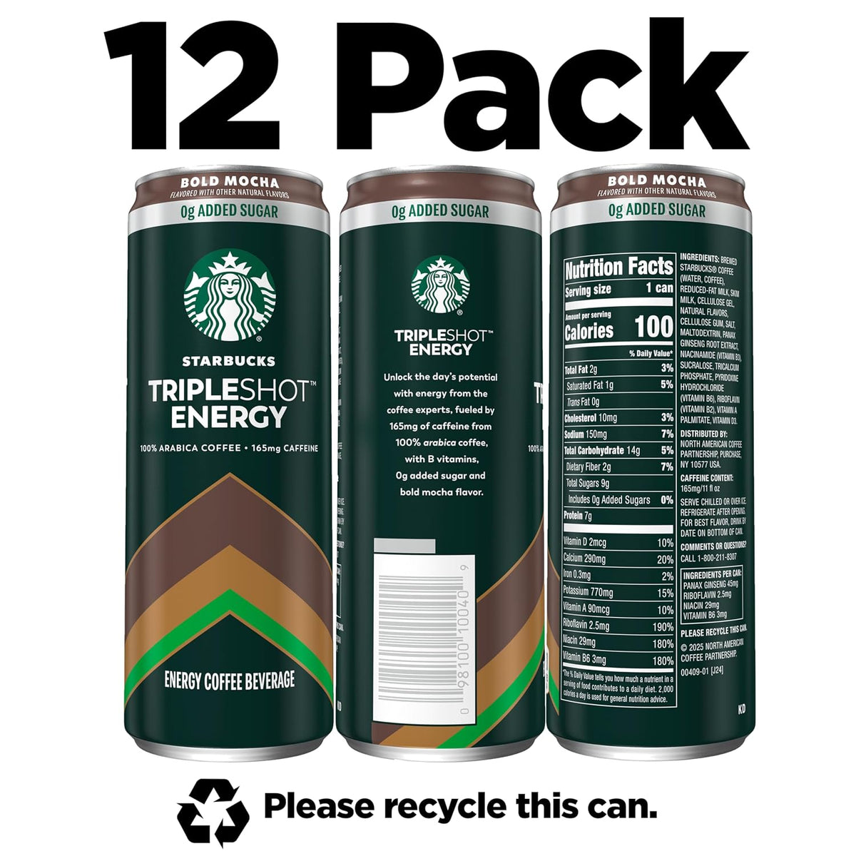 Starbucks Tripleshot Coffee Energy Drink, Mocha, Triple Blend, 165mg Caffeine, B Vitamins, Protein, Iced Coffee, 11 fl oz Cans (12 Pack)
